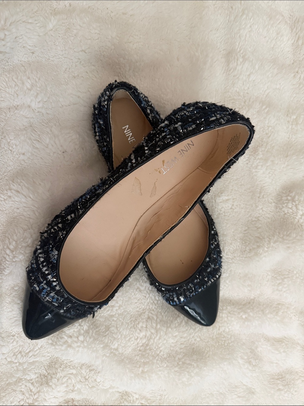 Nine West Black Tweed Pointed Patent-Toe Flats